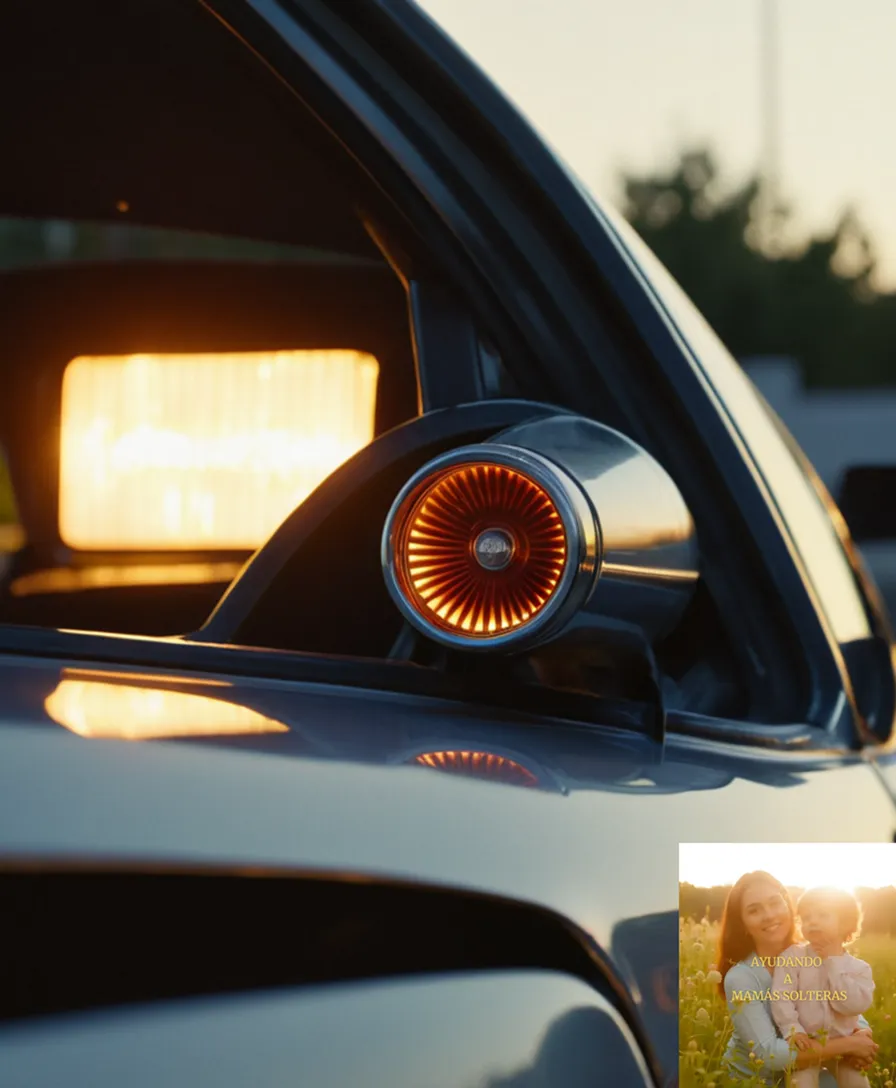 The image should show: A worn-out sedan driving on a busy suburban road at dusk, with gasoline tanks in the background and a faded sign in the distance reading