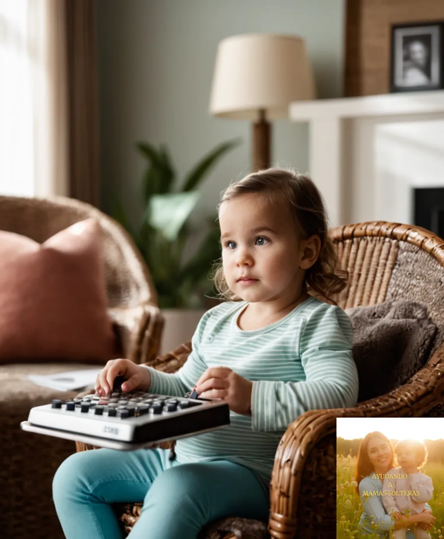 The image should show a warm and introspective mother in her mid-thirties sitting on a worn-out armchair in a cozy living room, cradling a 2-year-old child in her lap while poring over a calculator and budget planner, surrounded by family photos and laundry baskets.