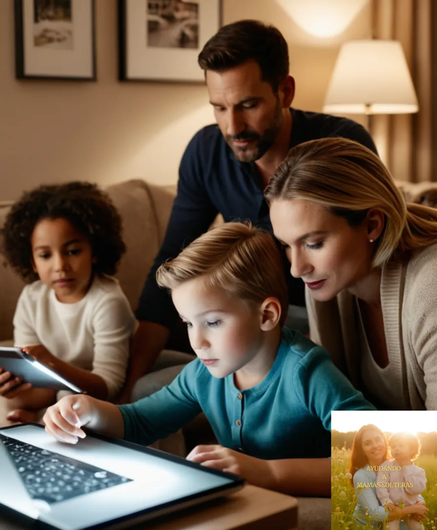 The image should show: A small family of four sitting on a couch in a cozy living room, surrounded by ordinary household items, with the mother browsing a tablet or laptop displaying budgeting apps and utility bills, while the father works on a laptop on a table nearby.