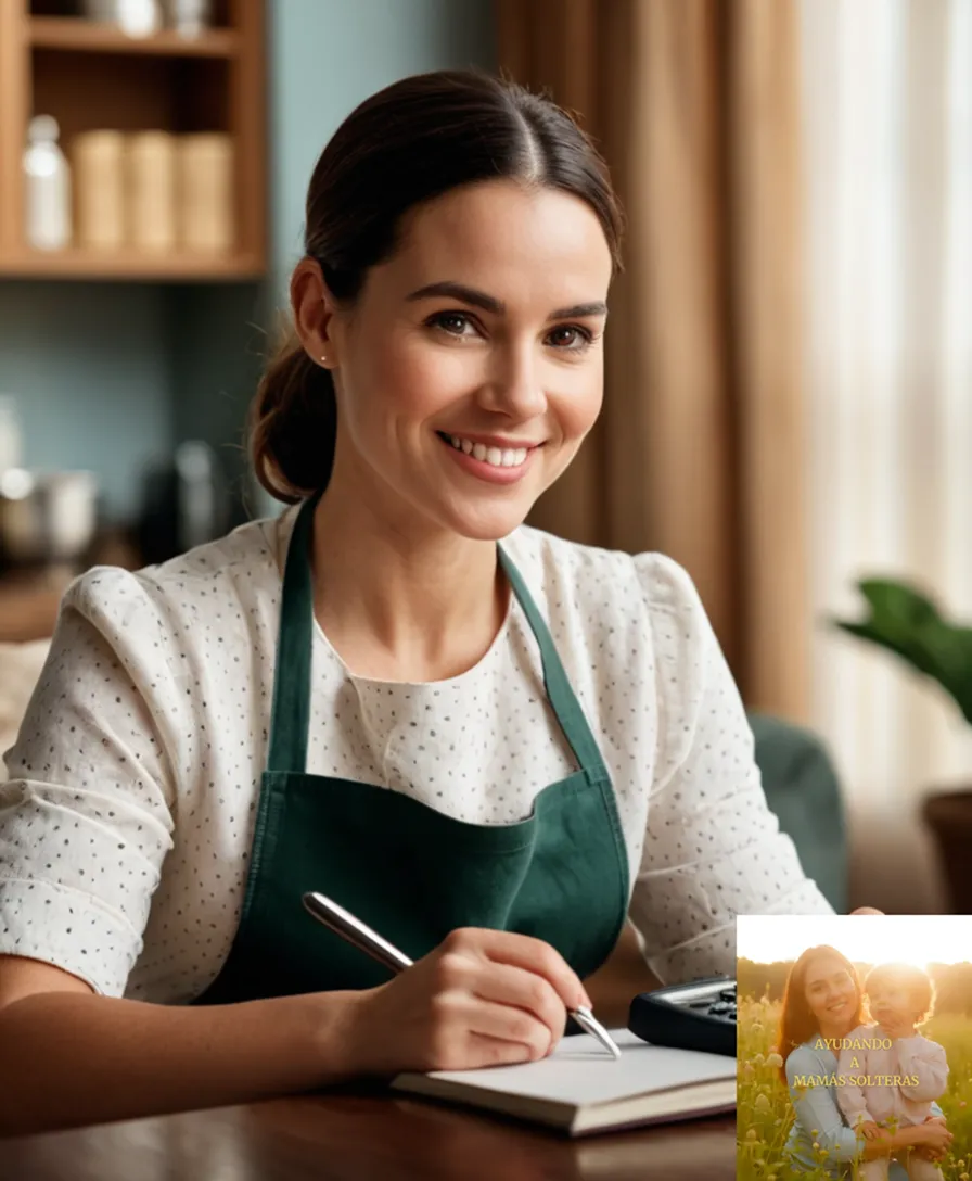 The image should show: A devoted young mother in her mid-twenties, wearing a warm smile and apron, sitting comfortably on a couch in a cozy home environment, surrounded by photos of her two small children; she is holding a calculator and a budget notebook as she carefully manages the household expenses.