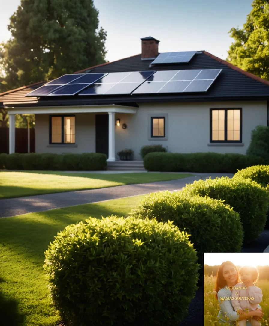 The image should show: A solitary, single-story suburban house in a well-manicured front yard, its solar panels shining brightly on its roof amidst lush greenery, with a calm morning light casting long shadows across the paved driveway and quiet street.