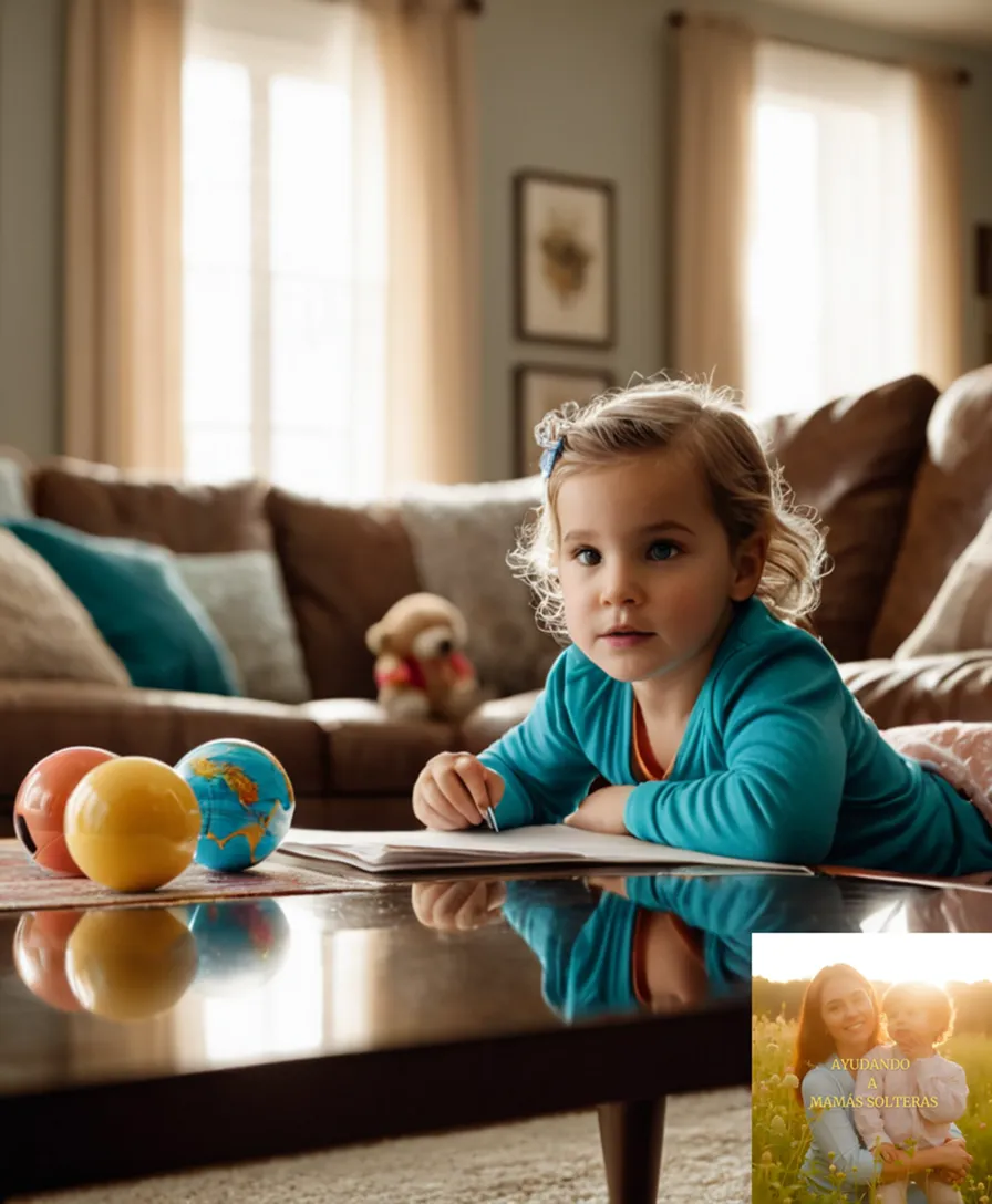 The image should show a photograph of a single mother in her mid-30s, surrounded by her two young children playing in a cluttered yet cozy living room, with a worn couch, colorful toys, and financial planning documents laid out on the coffee table.