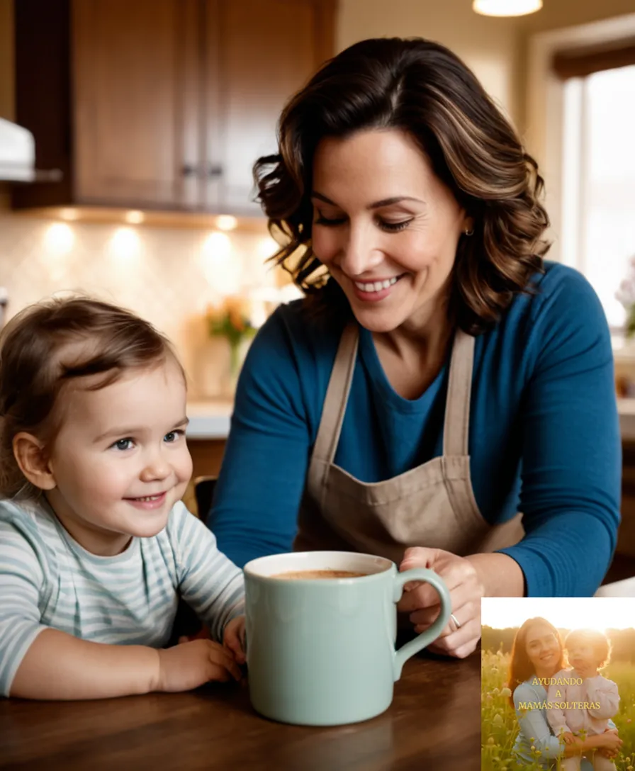 The image should show: A warm and tender mother in her early 40s, sitting at a cluttered kitchen table, surrounded by family photos and children's artwork, cradling a smiling toddler on her lap as she pours herself a cup of coffee from a worn-out mug.