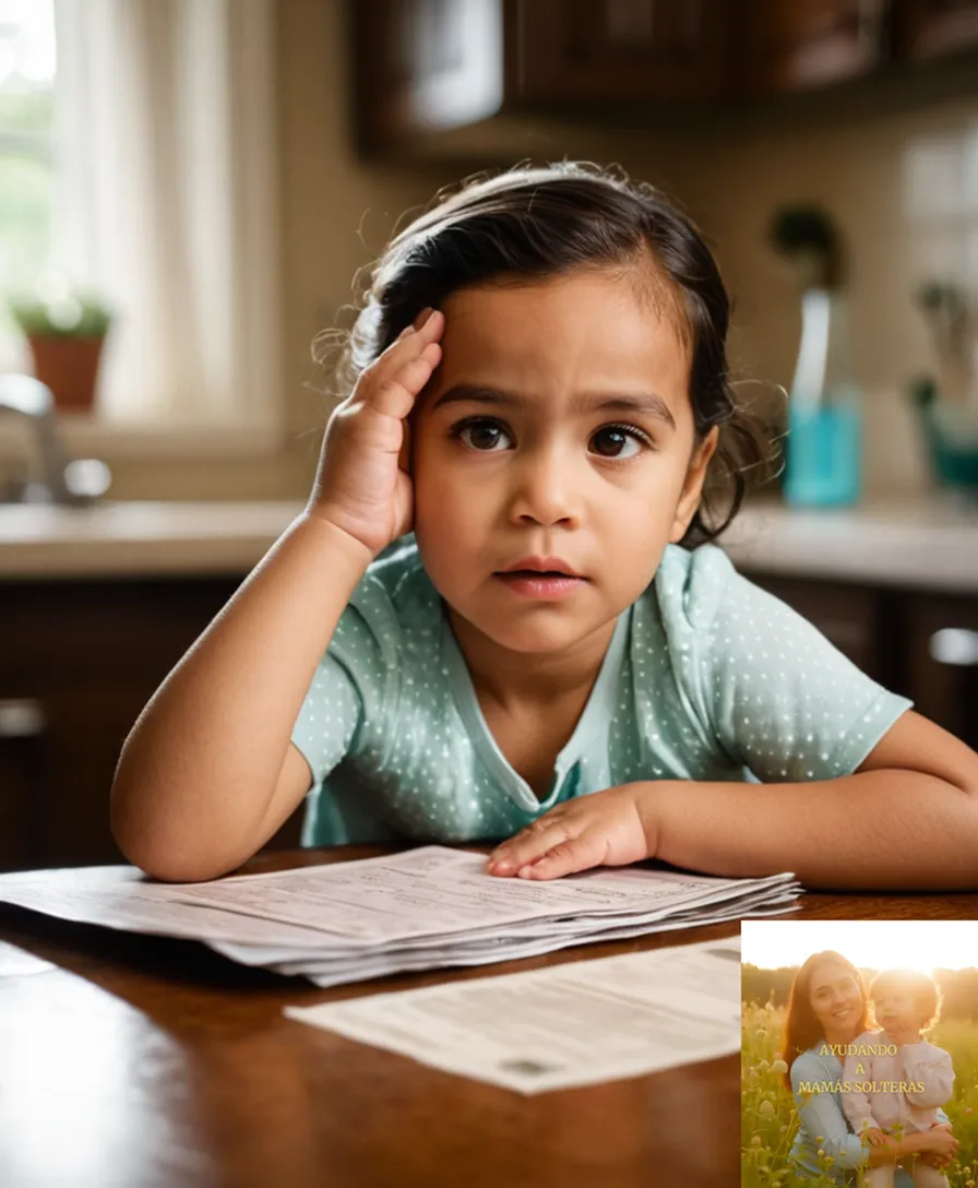 The image should show a Latin American single mother in her mid-30s, surrounded by family photographs on a cluttered kitchen table, while she sits in a worn chair, cradling a tired-looking toddler and gesturing towards a stack of medical bills on the floor.