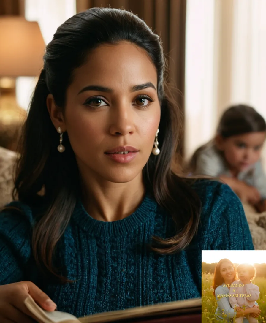 The image should show a young single mother of Latin American descent surrounded by her family's chaotic yet loving living room environment, with worn furniture and colorful children's toys scattered around, while she sits on the couch, holding a worn textbook on managing finances amidst concerned expressions.