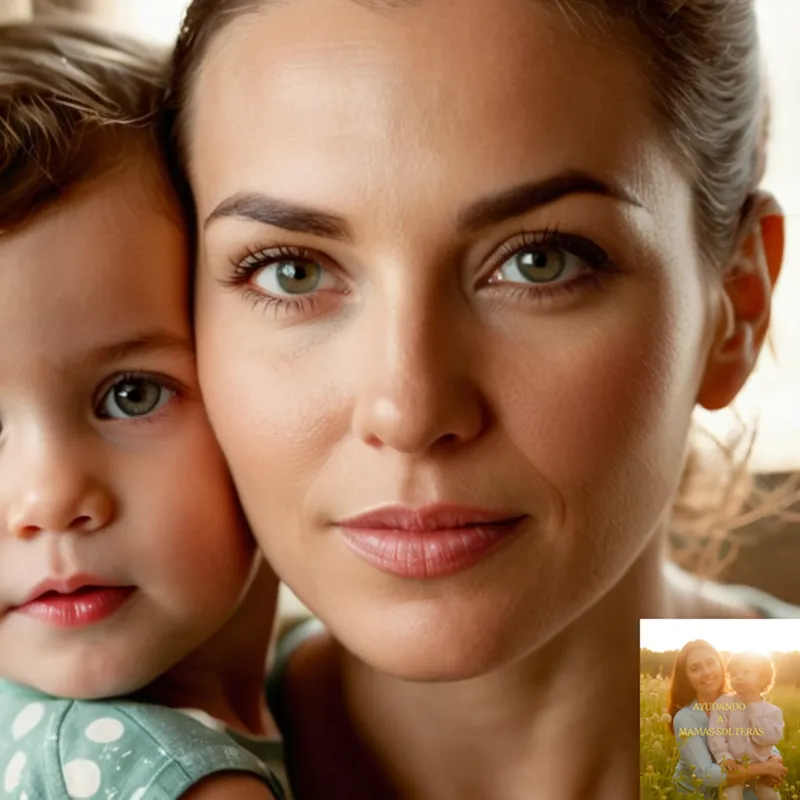 The image should show a warm and intimate photograph of a mother, aged mid-to-late 30s, gently embracing her two young children, both under the age of six, in a small but meticulously organized home, surrounded by baby toys and family photos, with natural light pouring in from a sunny window.