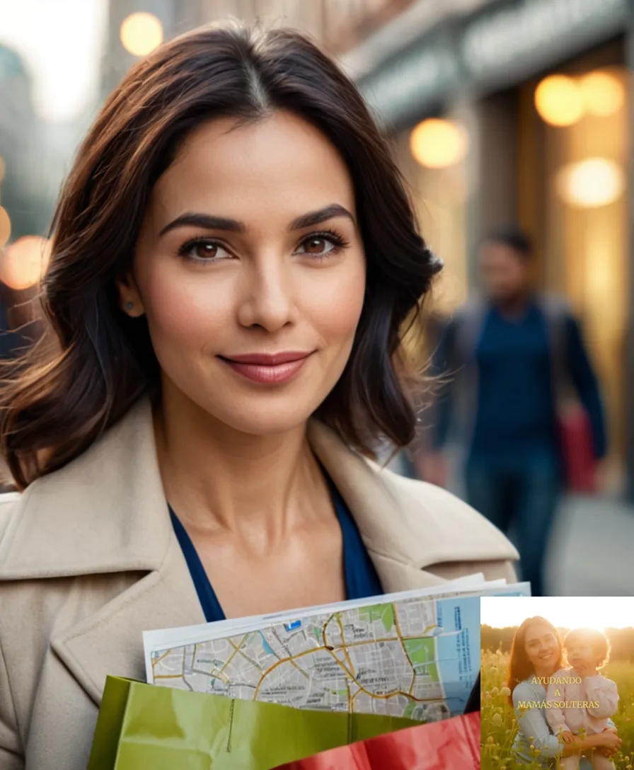 The image should show: A mid-adult madre soltera of Latin American descent, dressed in casual yet elegant attire, standing confidently on a busy city street, surrounded by vibrant buildings and public transportation signs, her dark hair slightly tousled, a warm smile on her face, holding a folded shopping bag and glancing at a smartphone screen with a map.