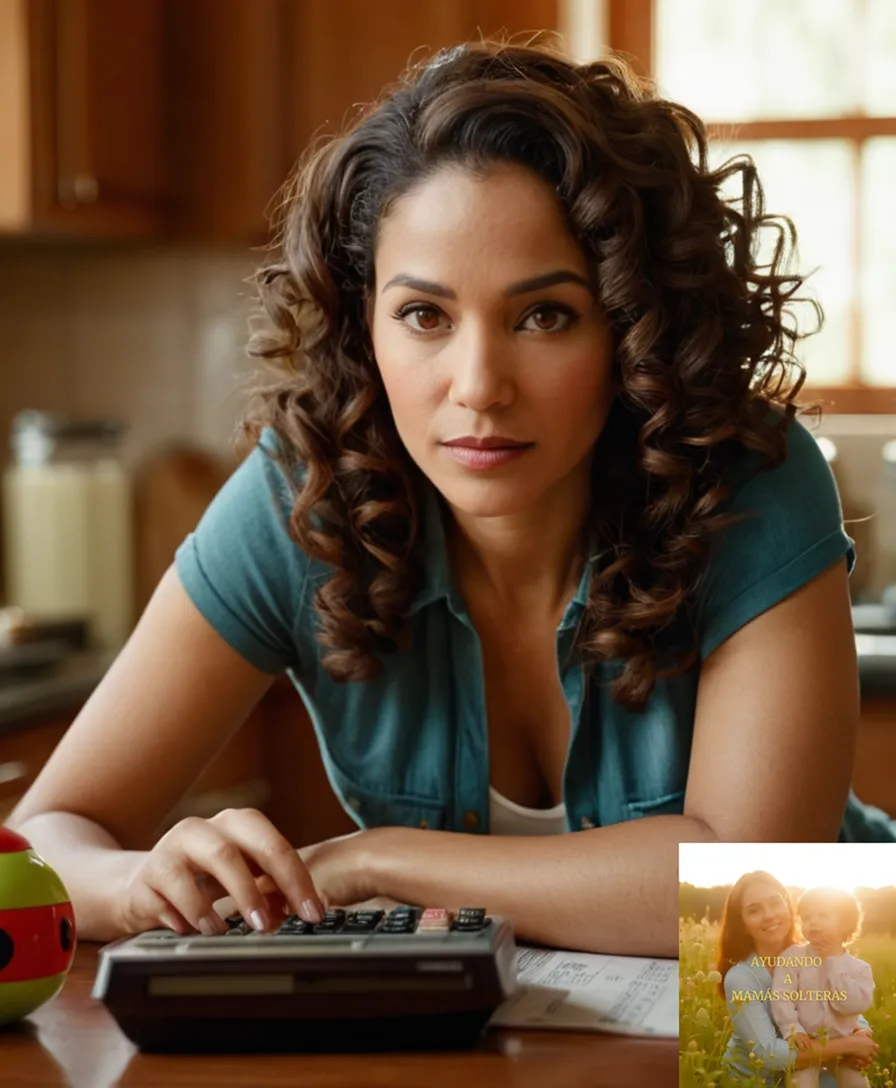 The image should show: A determined-looking Latin American woman in her mid-30s, with curly dark hair and warm brown skin, sitting at a cluttered kitchen table, surrounded by financial documents and children's toys, as she stares intensely at a calculator on the countertop.