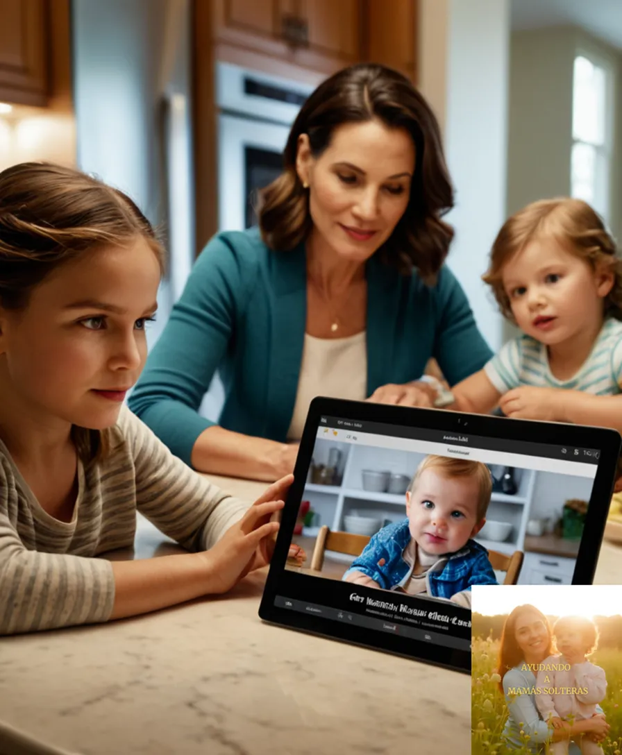 The image should show a diverse woman in her mid-30s sitting at a kitchen table with two small children playing around her feet, while she gazes at a tablet computer displaying a government relief program website on its screen, surrounded by modest yet tidy household items and vibrant photographs of her family.