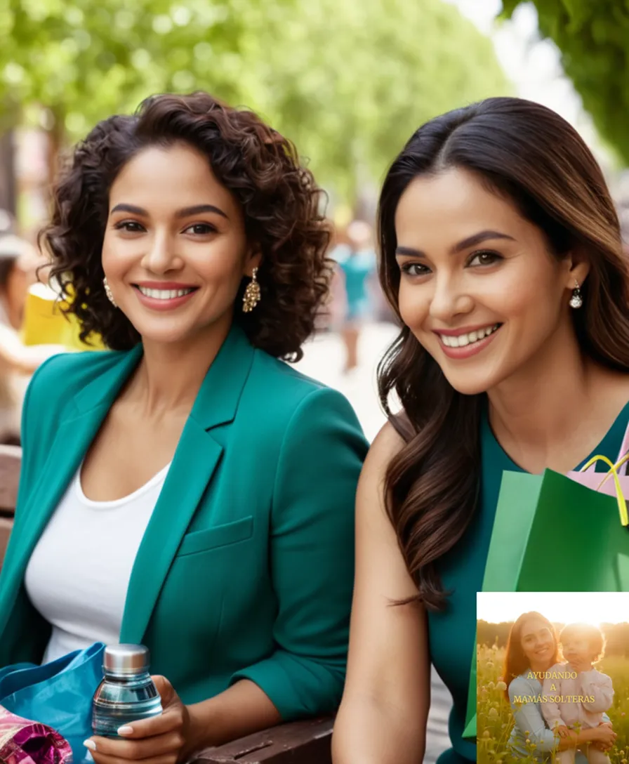 The image should show: Four smiling single mothers of different ethnicities, sitting together on a vibrant urban bench, surrounded by lush green plants, with some holding colorful shopping bags and water bottles, while one uses a smartphone to refer to the 