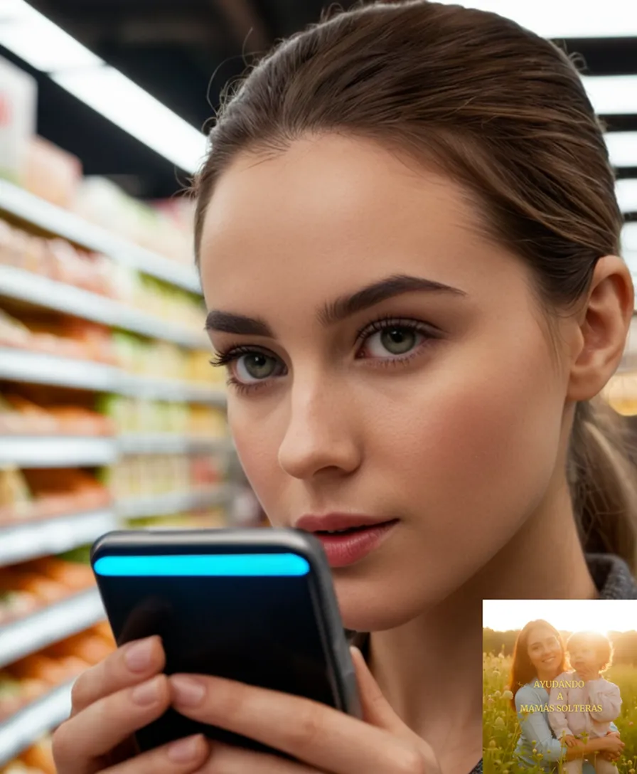 The image should show: A close-up of a young woman's hands holding a smartphone with a supermarket receipt displayed on its screen, as she scans the barcode using an app in a dimly lit shopping aisle with fluorescent lights casting a soft glow above her.