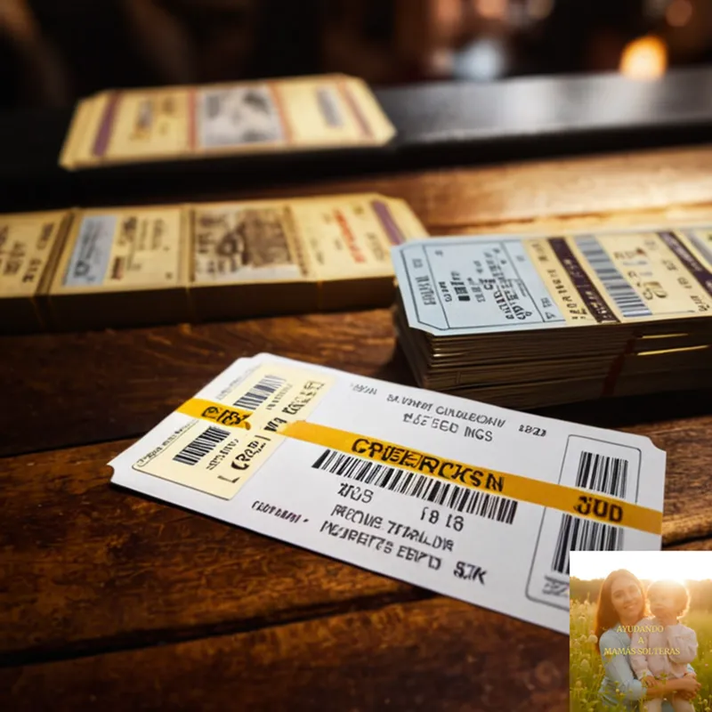 The image should show: A close-up of various tickets placed on a wooden table, including cinema tickets, bus passes, and grocery store receipts, with some scattered discount codes nearby, illuminated by soft natural light casting a subtle warm glow over the scene.