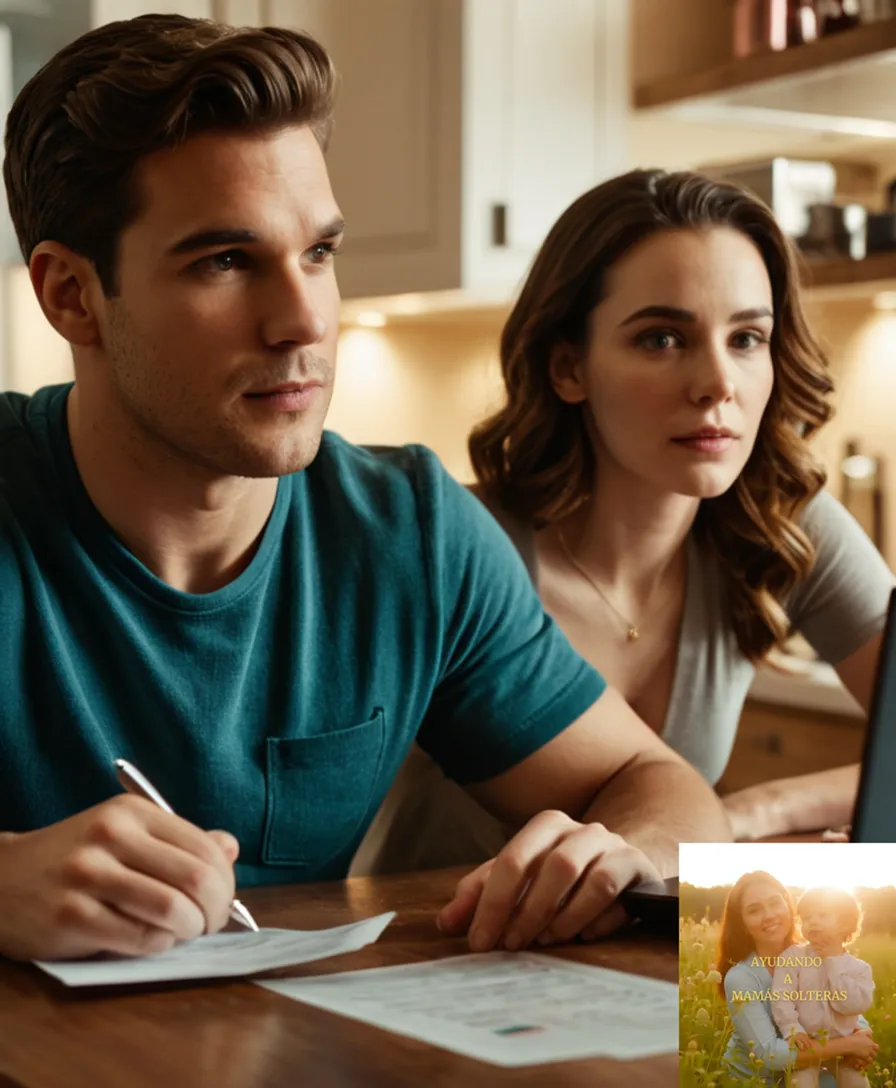 The image should show: A candid photo of a young couple sitting at a cluttered kitchen table, surrounded by stacks of bills, receipts, and calculators, with a laptop screen displaying a digital budgeting app behind them, under warm and soft natural light.