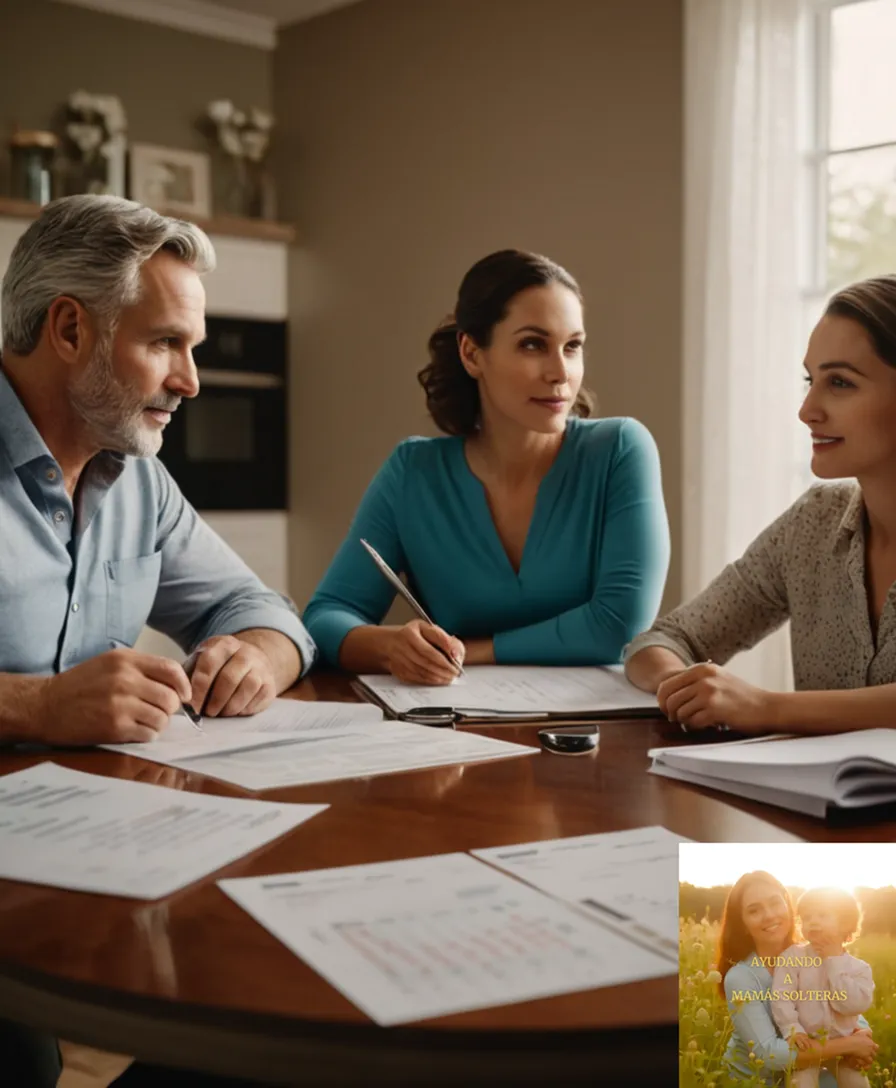 The image should show a warm-lit living room scene with a family of four sitting together at a kitchen table cluttered with financial documents, receipts, and budgeting worksheets, amidst a calendar with various dates circled in red, conveying a sense of organization and financial responsibility.