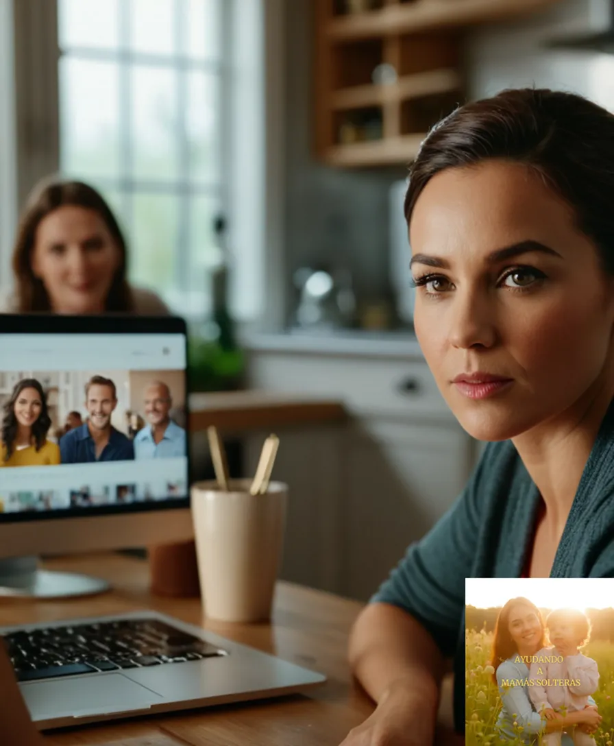 The image should show: A laptop and mobile phone on a cluttered kitchen table, amidst receipts, bills, and a family photo, with a budgeting app open on both screens, displaying easy-to-follow charts, charts, and graphs, as a frazzled mom looks on in the background, surrounded by family photos and personal touches.