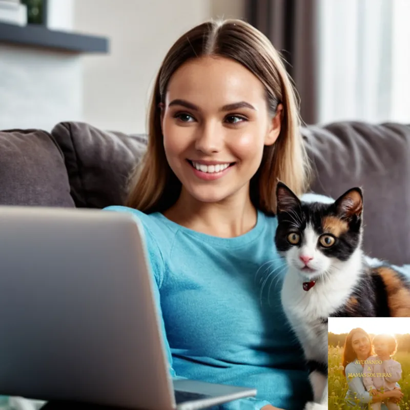 The image should show: A smiling young woman with laptop in hand browsing through her tablet's screen displaying multiple budgeting app icons, sitting on a couch beside her two adorable pets, a kitten and a calico cat, both with curious expressions, amidst a clutter-free living room with natural light pouring through the window.