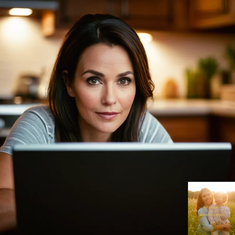 The image should show: a middle-aged single mother sitting at a cluttered kitchen table with a laptop open in front of her, financial mobile banking apps displayed on the screen with screenshots of budgeting tools, bills, and payments spread out across the table.