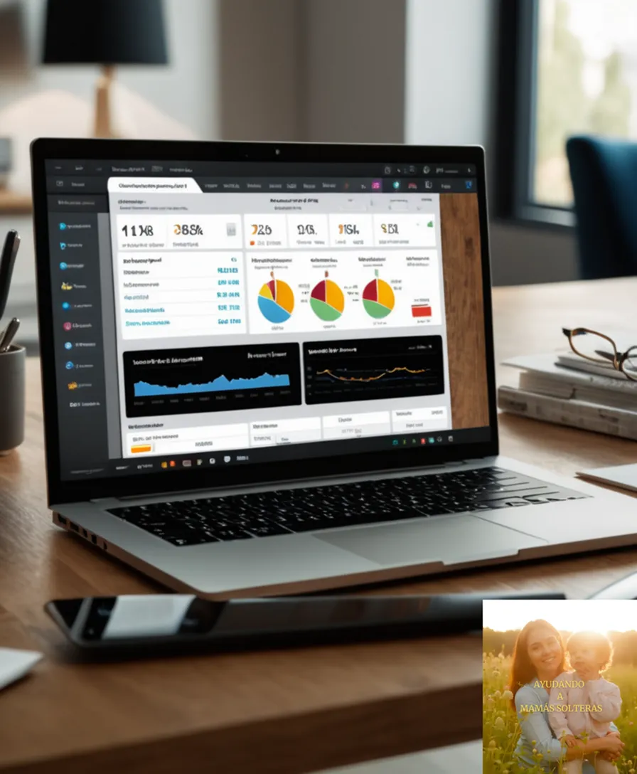 The image should show: A person's hands typing on a laptop screen displaying a family budgeting app, surrounded by financial reports, scattered receipts on a wooden desk, and a whiteboard with colorful charts in a modern living room with plenty of natural light.