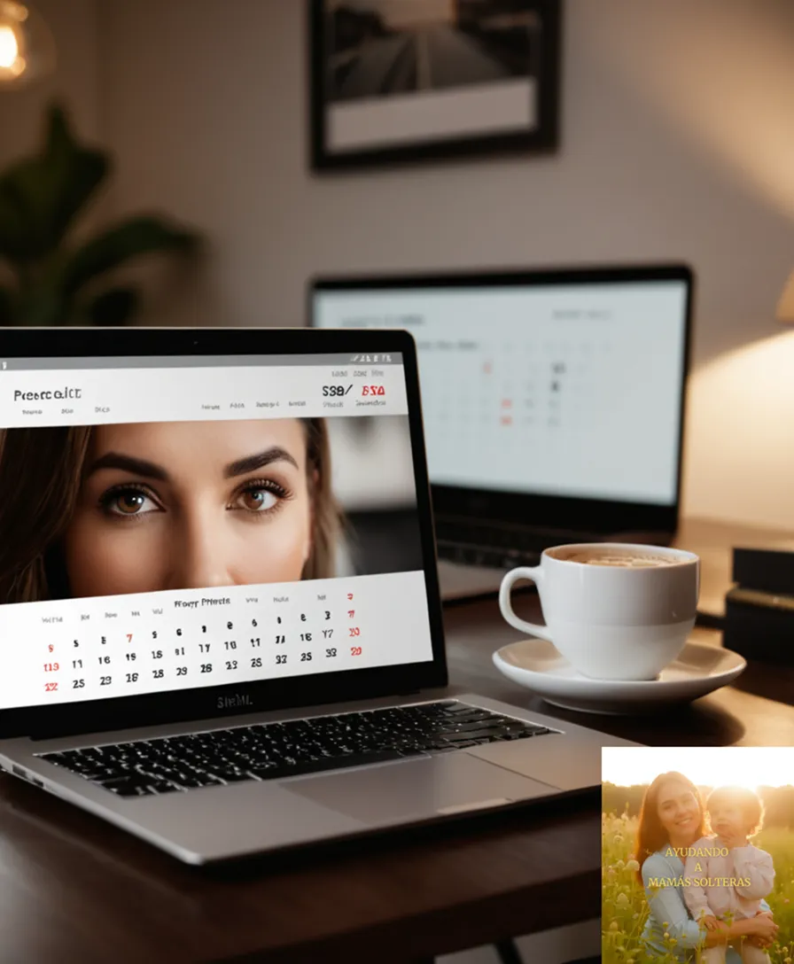 The image should show a laptop screen displaying an organized digital calendar, expense tracking charts, and financial planning tools on a clean desk with a cup of coffee, surrounded by family photos and a white wall in a minimalist home office setting.