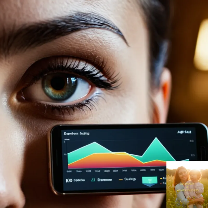 The image should show a split-screen layout in a modern living room background, where on one side a smartphone is displayed with the Aplícas financial management software app prominently open on the screen, its interface showing various graphs and charts of personal expenses and savings.