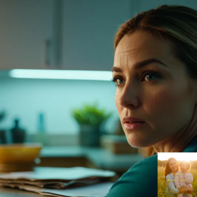 The image should show: A single mother in her mid-30's, with tired eyes, sitting at a cluttered kitchen table, surrounded by stacks of unpaid bills, utility notices, and bank statements, holding a worn-out calendar as she weighs her precarious financial options under the harsh glare of a fluorescent ceiling light.