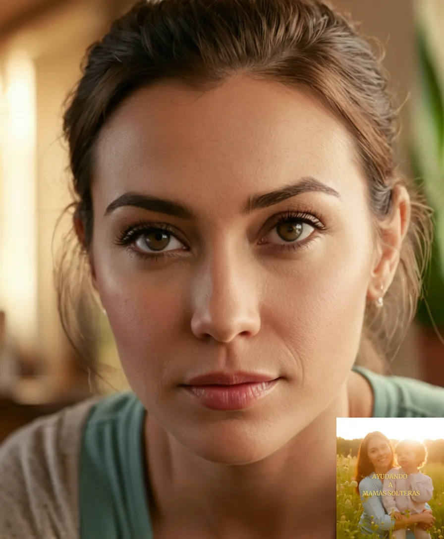 The image should show: A humble single mother in her mid-30s, sitting in front of a worn-out kitchen table, surrounded by her two young children, looking out at the camera with a mix of hope and fatigue, set against a warm yet faded living room background.