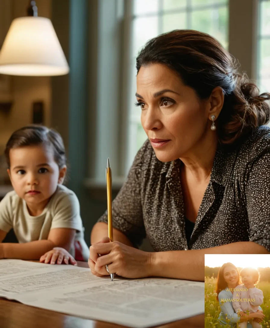 The image should show: A determined-looking, middle-aged woman of Latino descent sitting at her kitchen table, surrounded by financial papers and childcare items, with a focused expression on her face as she holds a pen in one hand, while her young child plays nearby on the floor.