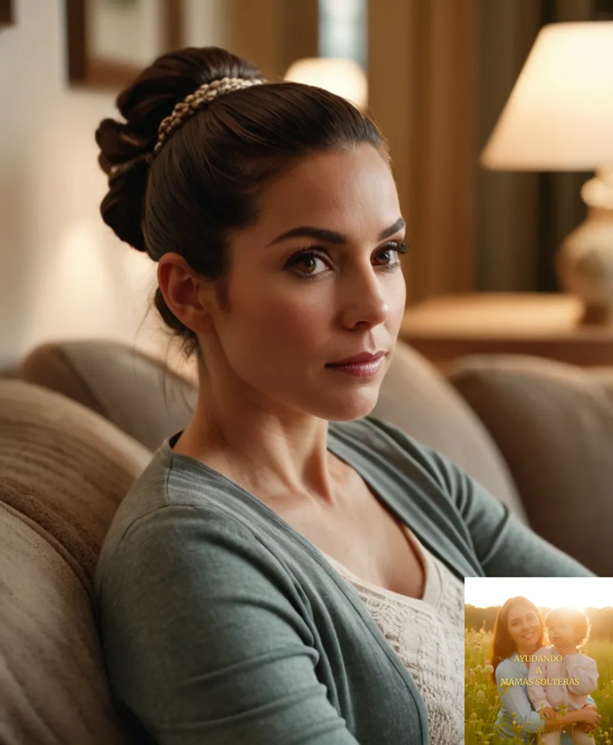 The image should show: A robust and compassionate woman in her mid-30s, with long dark hair tied in a ponytail, sitting on a worn-out couch, gently holding a fragile infant of around 2 years old, amidst a cozy yet modest living room with family photos and a few essential belongings.