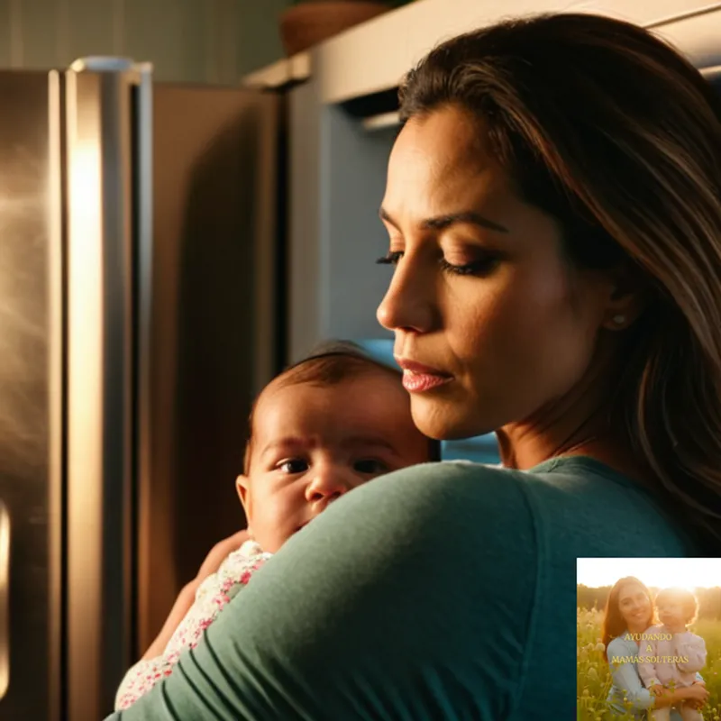 The image should show a candid photograph of a Latina single mother in her mid-30s, standing in front of a worn refrigerator, cradling her sleeping infant while gazing out at a sunny, yet gritty urban backyard filled with blooming drought-resistant plants and scattered laundry.