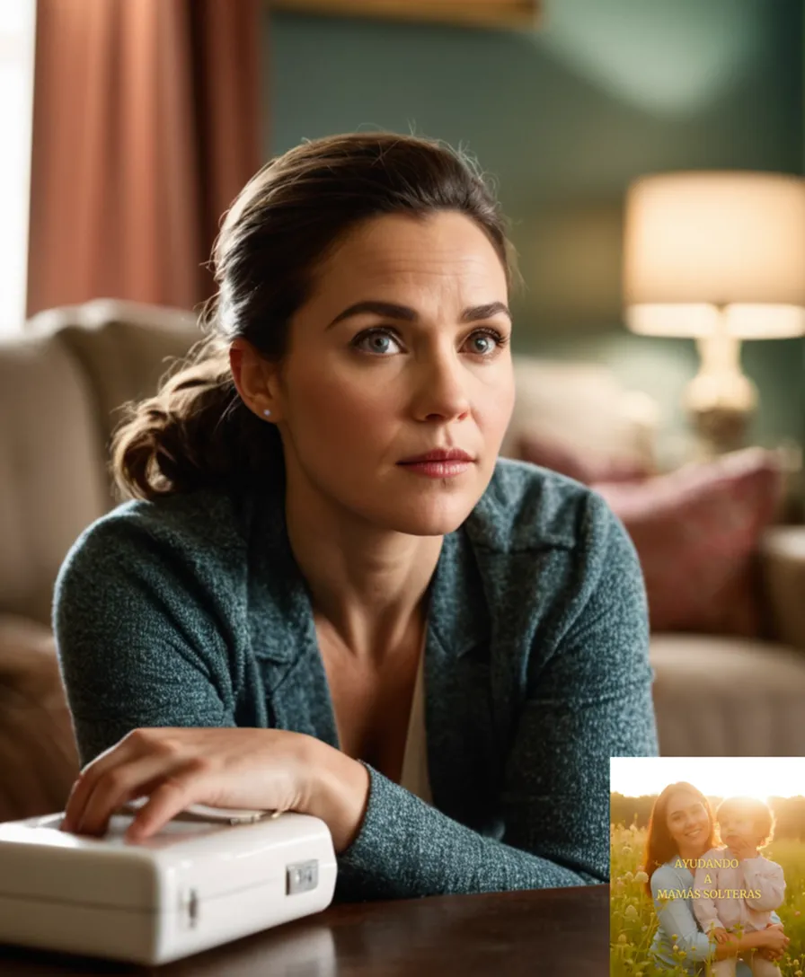 The image should show a solemn-looking young mother in her mid-twenties, sitting on a worn-out couch in a small, modestly decorated living room, with a toddler playing nearby, surrounded by stacks of unpaid bills and a single worn handbag overflowing with diapers and household essentials.