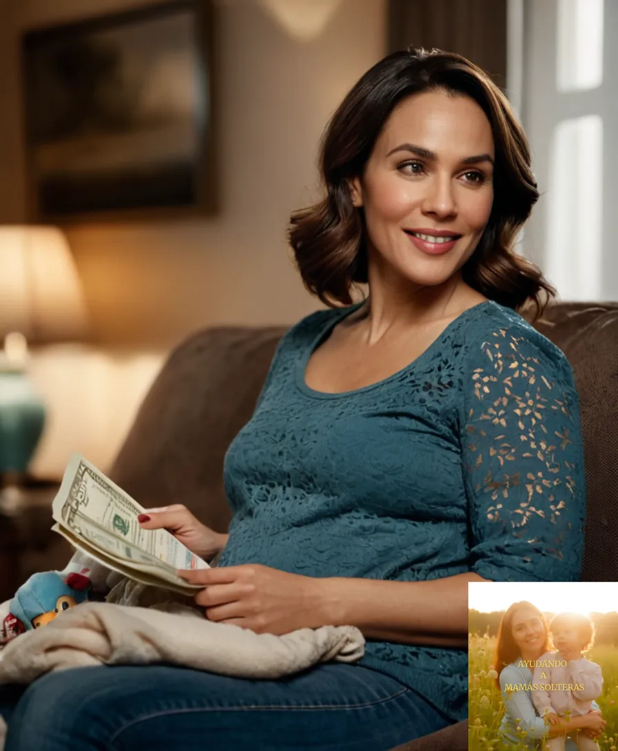 The image should show: A single mother of late 20s to early 30s, with a warm smile and weary eyes, sitting on a worn couch in a modest living room, cradling her infant daughter in one arm while holding a bill or financial document in the other, with an overflowing laundry basket and scattered children's toys surrounding her.