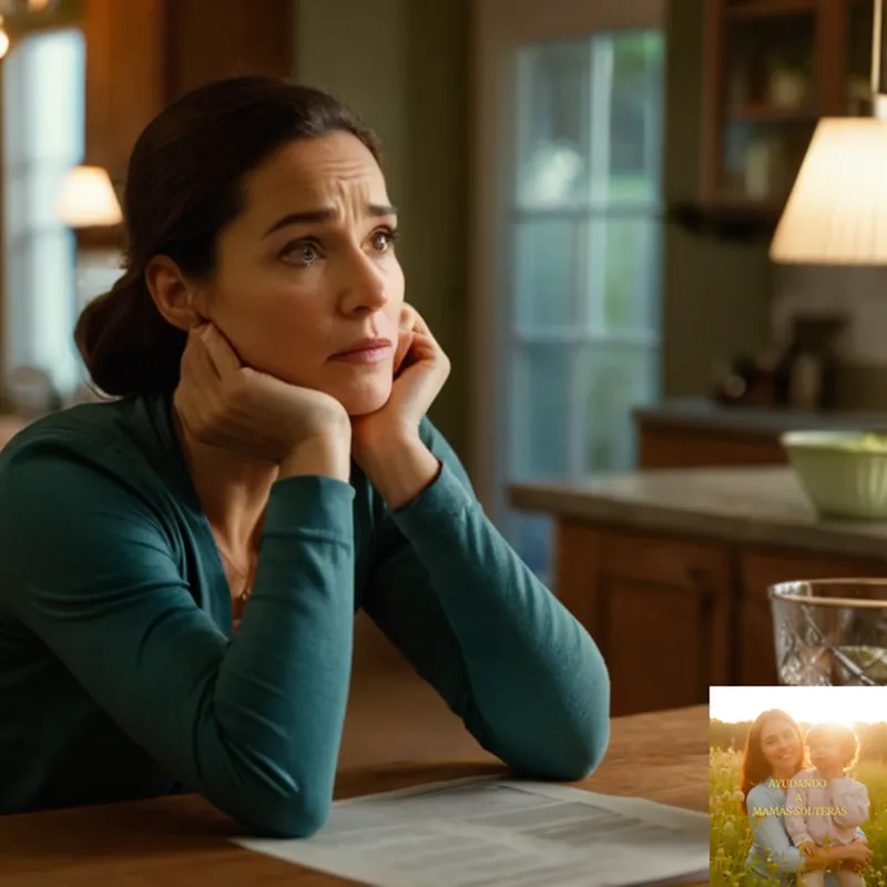 The image should show: A solitary woman in her mid-30s, sitting at a cluttered kitchen table, surrounded by bills and financial documents, looking worried but determined, with a faint light coming from a small window behind her, illuminating the humble but struggling atmosphere of a low-income household.