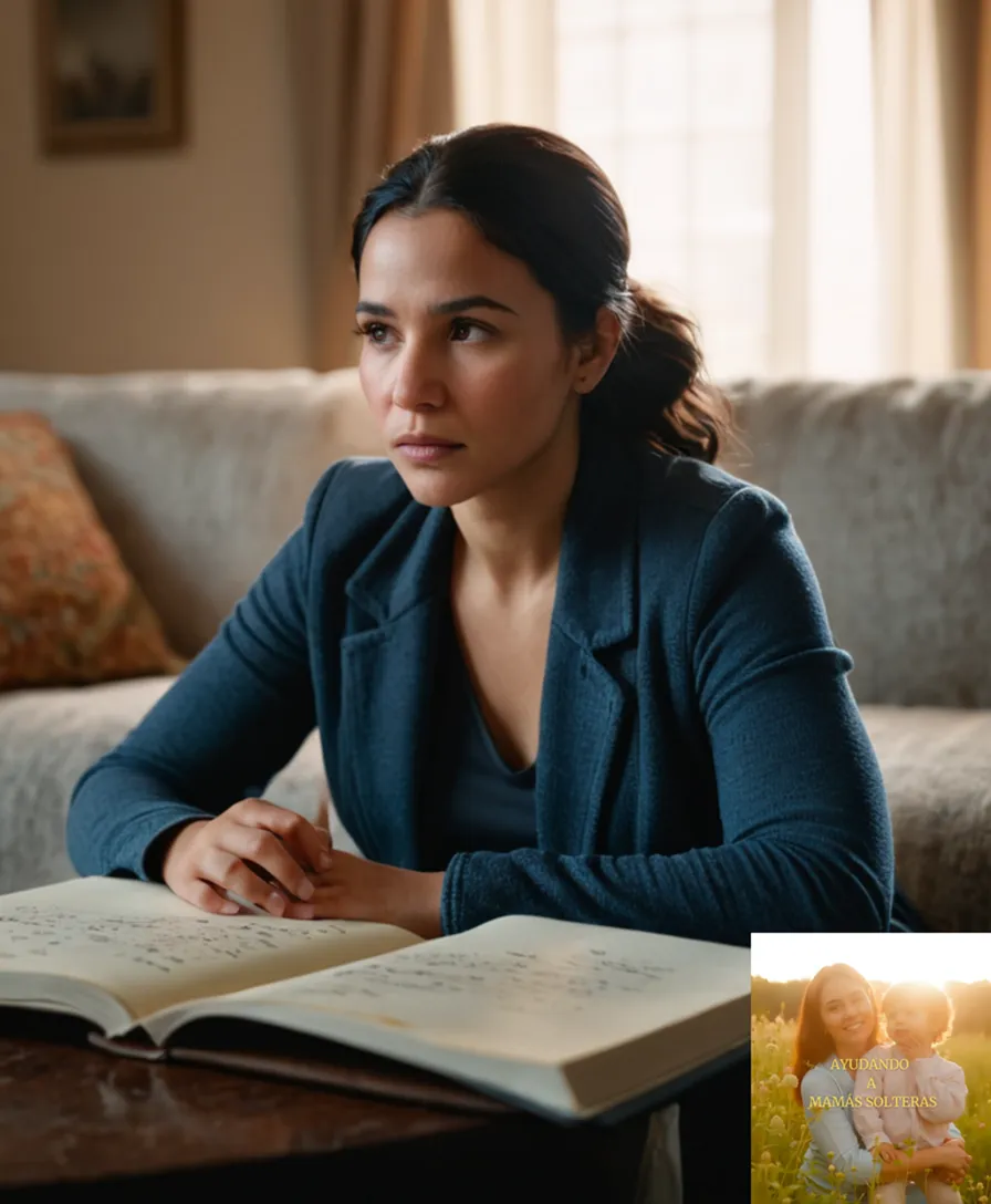 The image should show: A single young mother of Indigenous descent sitting alone on a worn-out couch in her modest home's living room, her dark hair falling to her chin as she stares down at a worn notebook filled with notes and tears, amidst subtle shadows reflecting the emotional struggle of facing solitary parenthood.