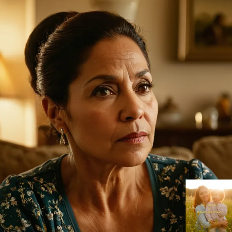 The image should show a poignant depiction of a middle-aged Latin American woman with a kind yet worn expression, sitting alone in a poorly lit living room with threadbare furniture, surrounded by humble household objects and faded family photos on the walls, symbolizing her struggles as a vulnerable single mother.