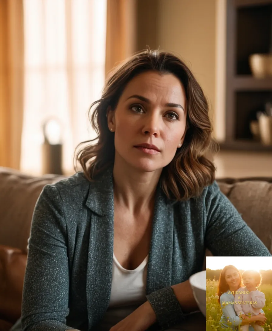 The image should show: A dignified mother in her mid-30s, sitting on the edge of a worn-out couch, surrounded by empty kitchen utensils and scattered papers, looking directly at the viewer with a mix of determination and vulnerability etched on her pale yet tired face.