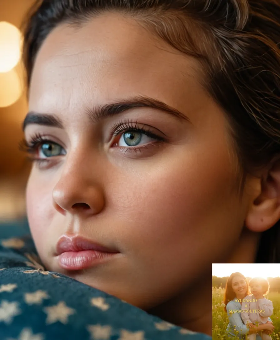 The image should show a warm and intimate portrait of a young mother in her mid-30s, sitting on a worn couch in a humble living room, gently holding a sleeping baby on her laps while gazing down at it with a mixture of love and concern etched on her weary face.