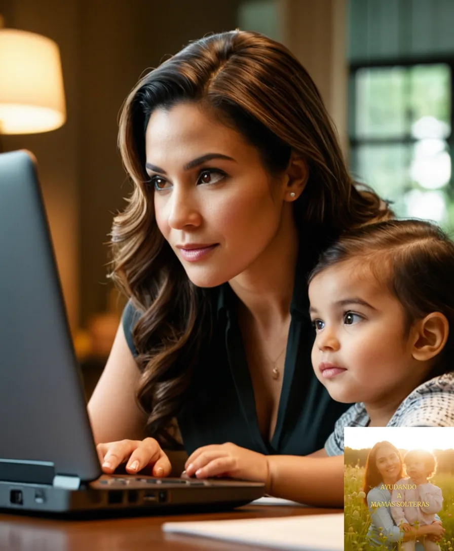 The image should show a warm and inviting photo of a young Latina single mother, with her child playing in the background, sitting at a small desk in a cozy home office, surrounded by entrepreneurial materials such as laptops, notebooks, and business plans, while confidently reviewing financial documents.