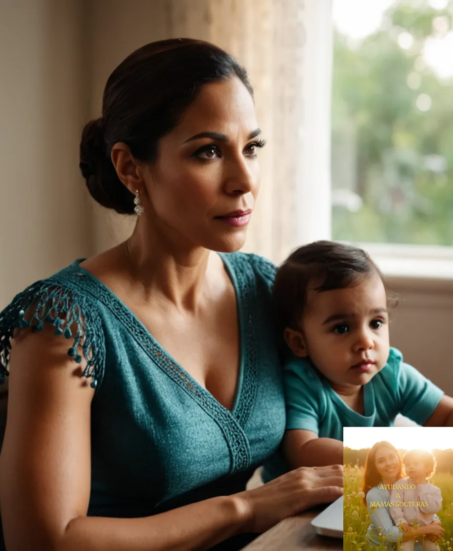 The image should show: A warm and inviting photograph of a determined Latina single mother in her mid-30s, dressed professionally while holding a young child, sitting in front of a cluttered but organized workspace with a laptop, financial books, and business plans scattered around, with natural light streaming through a window.