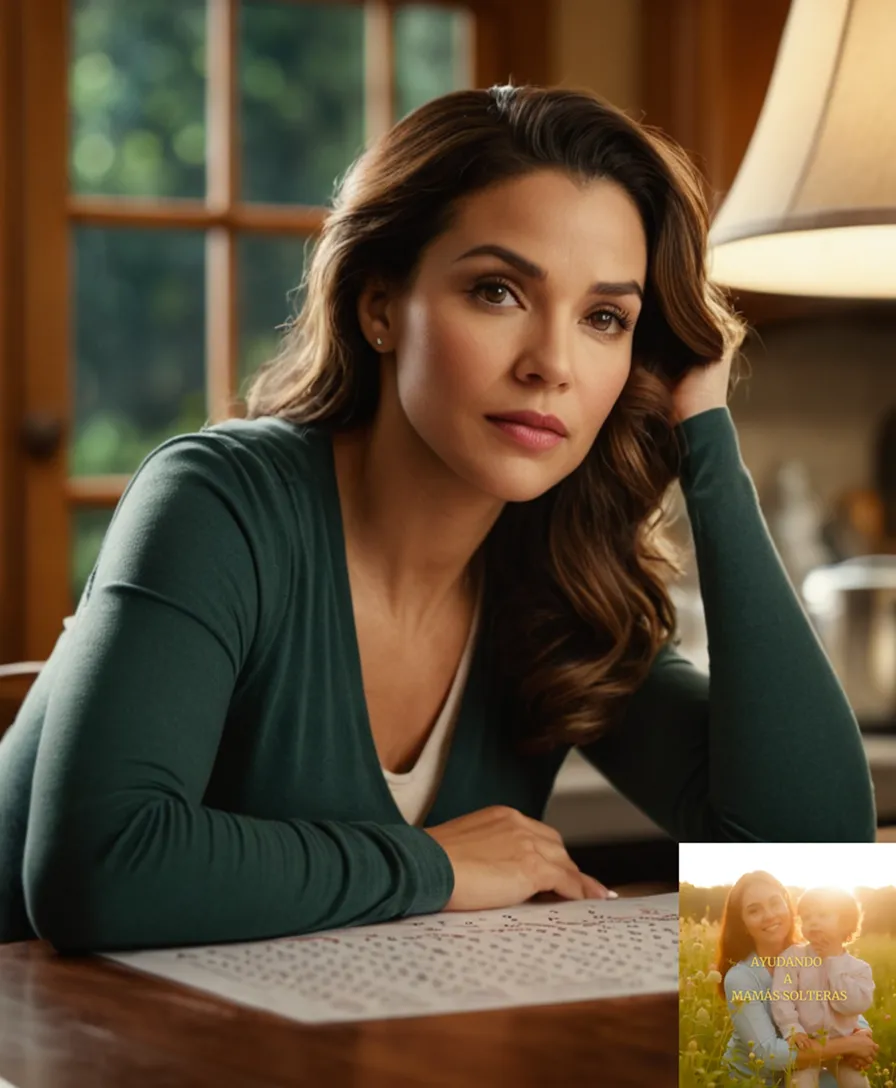 The image should show: A warm and gentle photograph of a single mother sitting at her kitchen table, surrounded by family photos, financial papers, and comforting household objects, looking concerned yet resolute as she ponders her future alongside a large calendar marking the year 2025.