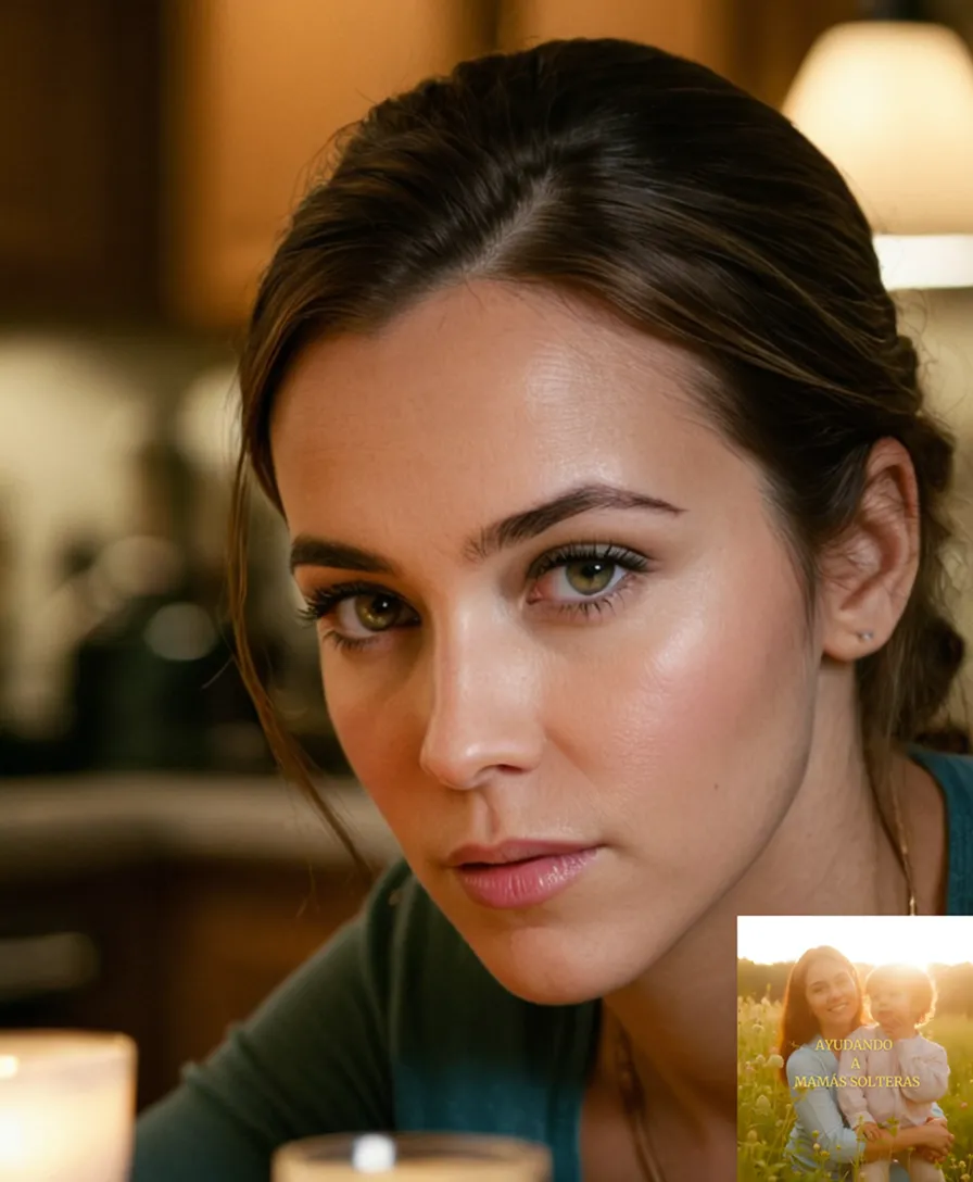 The image should show a determined young single mother in her mid-30s, with a concerned expression on her face, sitting at a cluttered kitchen table surrounded by children's toys and bills, while a laptop displays financial aid websites on the screen.