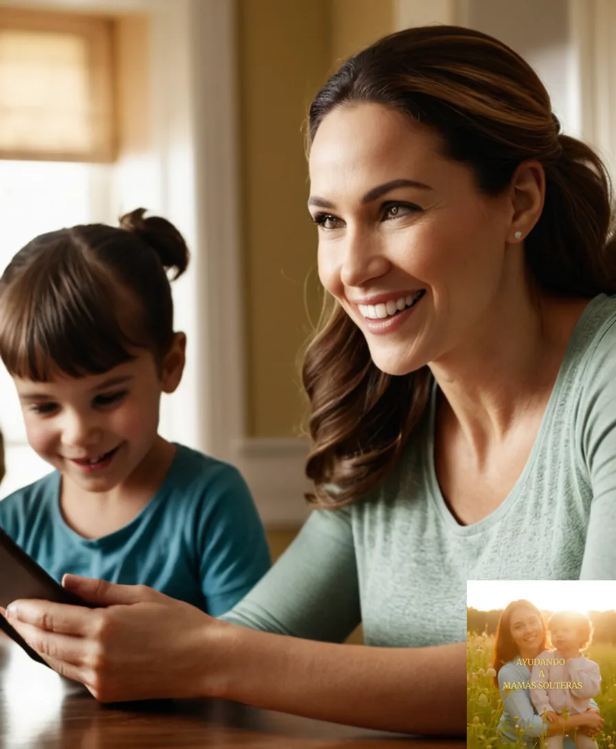 The image should show: A warm, well-lit photograph of a single mother sitting at a kitchen table, surrounded by her two children, who are laughing together as they work on a budget worksheet, while their mother smiles confidently in the background, holding a tablet with a financial planning app open, amidst a tidy and organized living room with family photos on the walls.