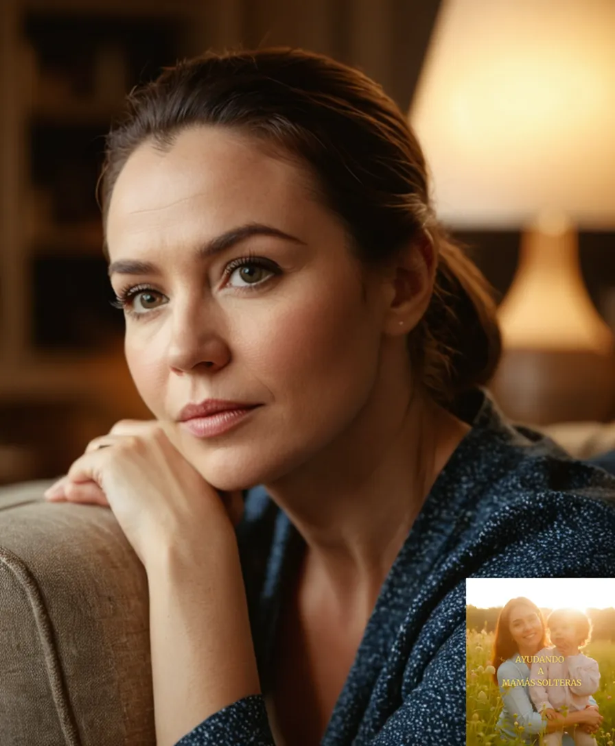 The image should show a warm and inviting domestic scene of a single parent, a middle-aged woman with a kind face, sitting on a worn couch in her modest living room, surrounded by family photos and financial documents, while gently cradling their young child.