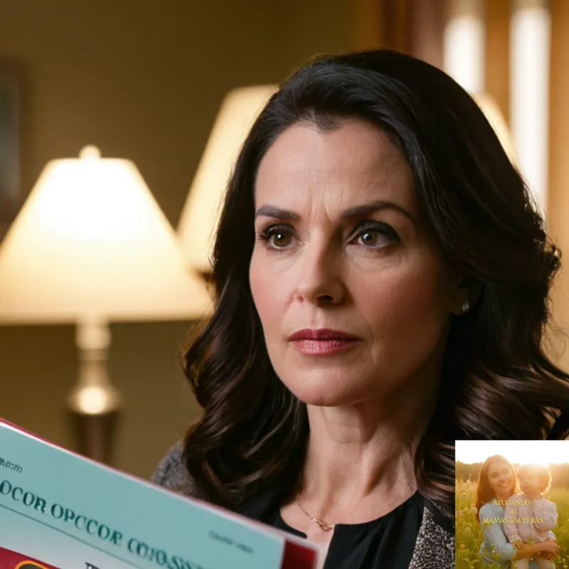 The image should show a determined-looking mother in her mid-30s with dark hair and tired eyes holding a worn doctor's appointment folder while standing amidst a cluttered and modest living room with pediatric medical bills, disability brochures, and baby toys scattered on the floor.