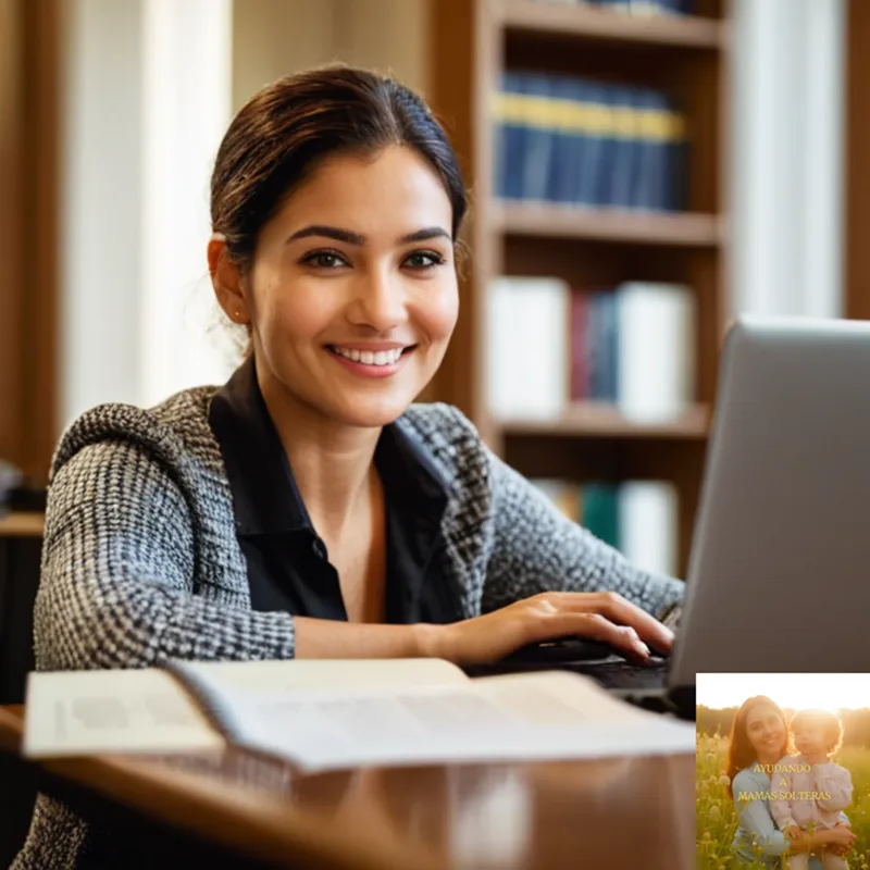The image should show a single mother smiling softly while sitting at her desk in a modest university study room, surrounded by books, laptops, and papers, with a look of determination and hope as she carefully fills out a becas application form on her laptop.