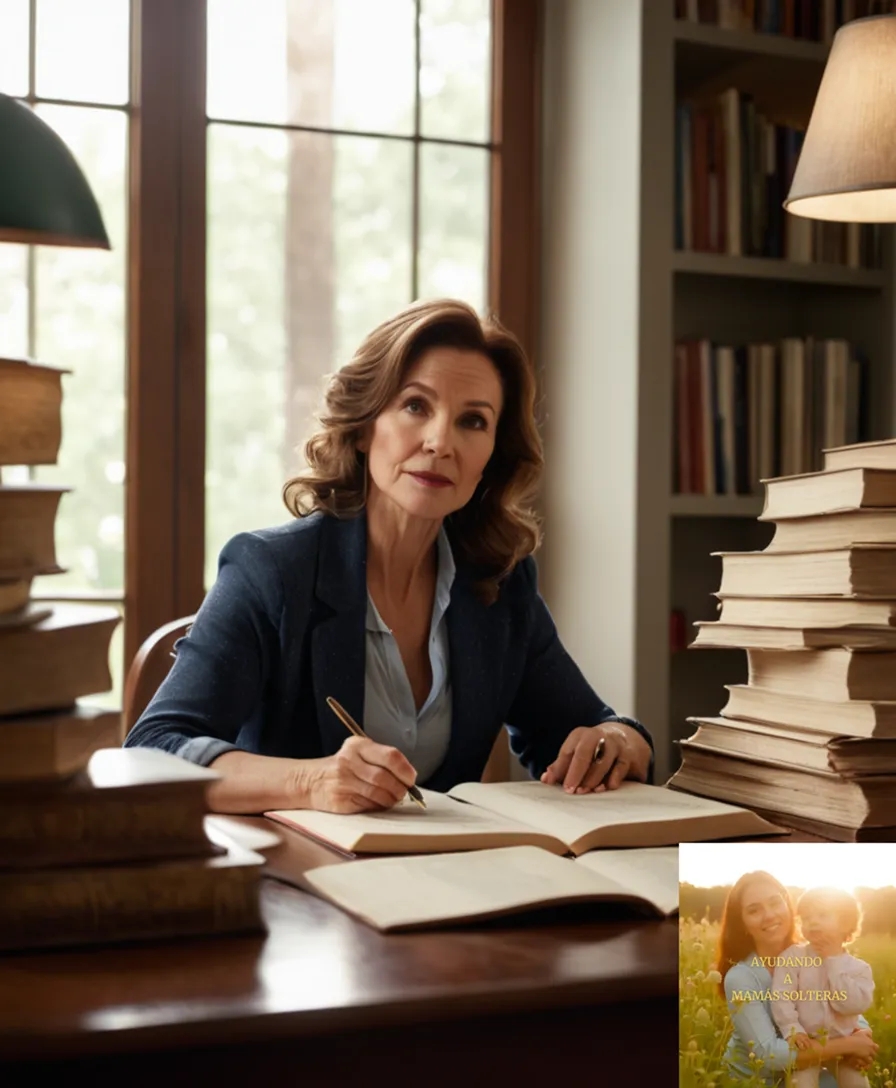 The image should show: A warm and intimate photo of a middle-aged woman, sitting at a cluttered desk amidst books and financial documents, with her young child playing beside her, surrounded by natural light filtering through a small window, highlighting the complexities of balancing single parenthood and financial responsibility.
