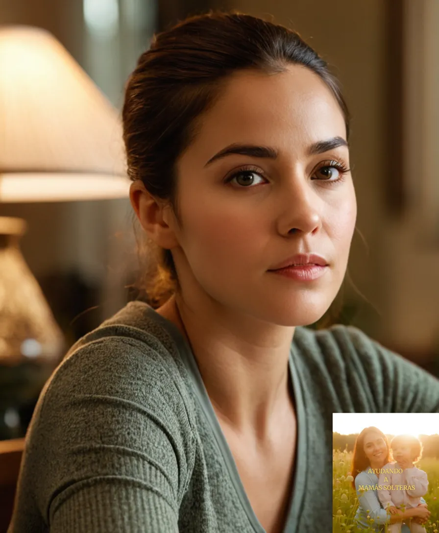 The image should show: A young widow, her late 20s, sits at a kitchen table in a modest apartment, surrounded by photographs of children's artwork and family memories, as she intently focuses on filling out the columns of her calculadora financiera, a hint of determination etched on her worn face.