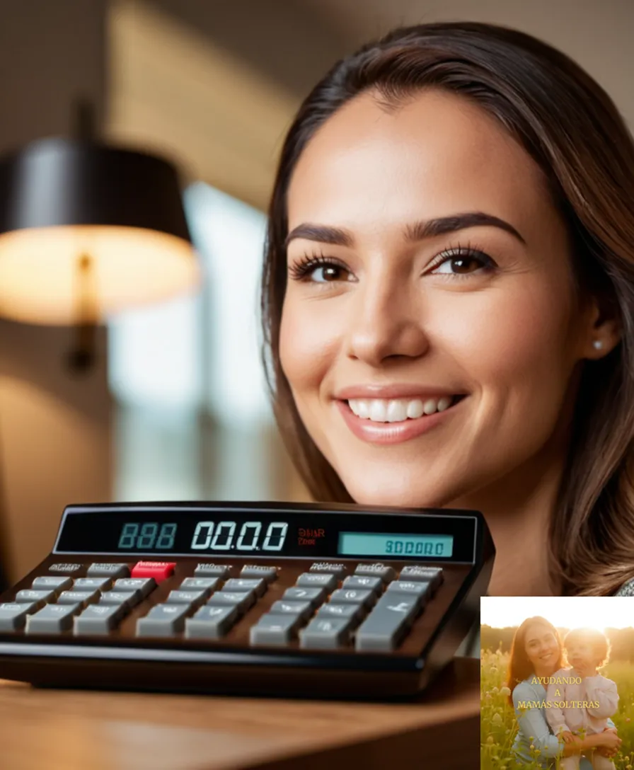 The image should show: A close-up shot of a sleek and modern financial calculator on a clutter-free wooden desk, its bright display reflecting the soft glow of a lamp behind it, as a background photo of a young single mother smiling holds pride of place nearby.