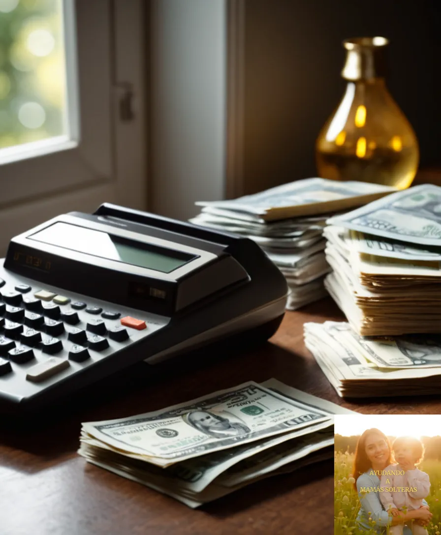 The image should show: a handheld calculator placed on top of a cluttered family budget template printout on a wooden desk, surrounded by scattered bills and receipts in a modestly furnished bedroom, with soft natural light pouring through the window.