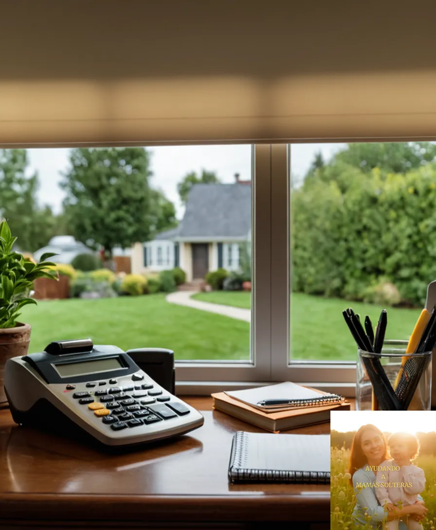 The image should show a warm and inviting home office setting with a neatly organized family budget chart on a wooden desk, accompanied by pens, notepads, and calculator in soft, natural light spilling through a nearby window, amidst a suburban background of tidy garden and parked minivan.