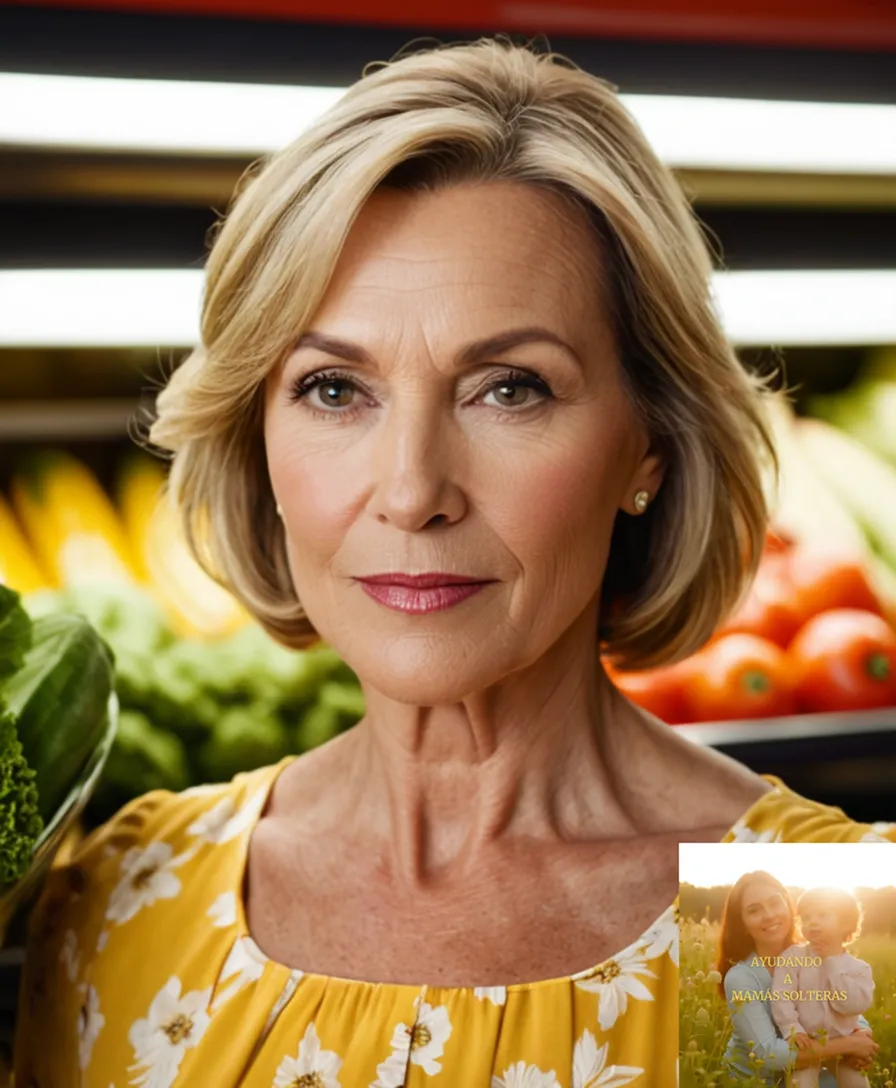 The image should show: A middle-aged woman with warm skin tones and gentle wrinkles, wearing a simple yet stylish yellow sundress with a subtle floral pattern, standing in a well-stocked and moderately priced supermarket aisle, surrounded by fresh produce and household essentials.